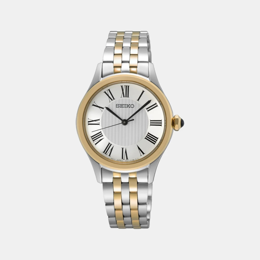 SEIKO LADIES QUARTZ WATCH – 29.6MM WHITE ROMAN NUMERAL DIAL SAPPHIRE CRYSTAL TWO-TONE STEEL BRACELET
