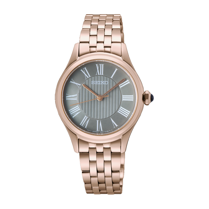 SEIKO LADIES QUARTZ WATCH – 30MM GREY SUNRAY DIAL SAPPHIRE CRYSTAL ROSE GOLD TONE STEEL BRACELET
