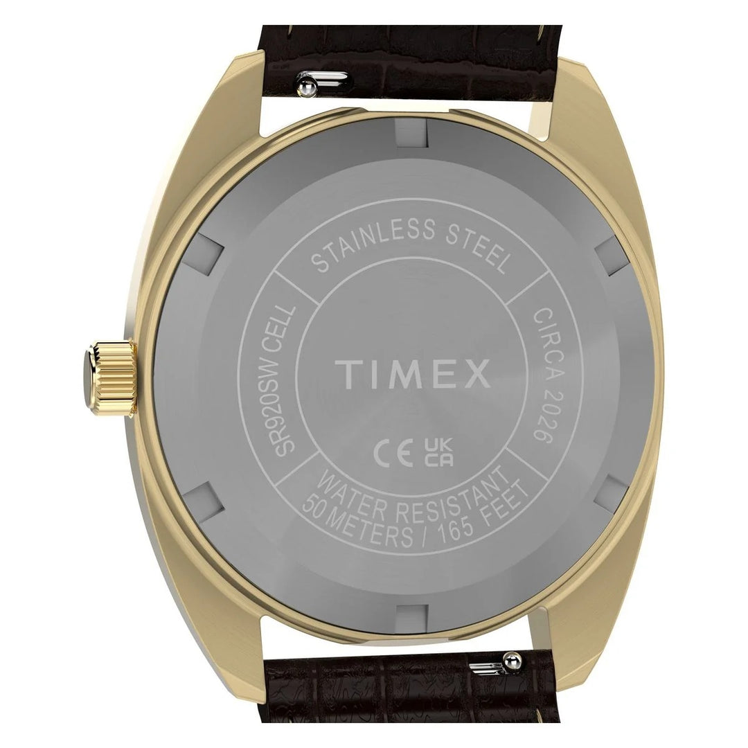 Timex Q Timex 1976 37mm Black Rotary Dial Gold Case Brown Leather Men&