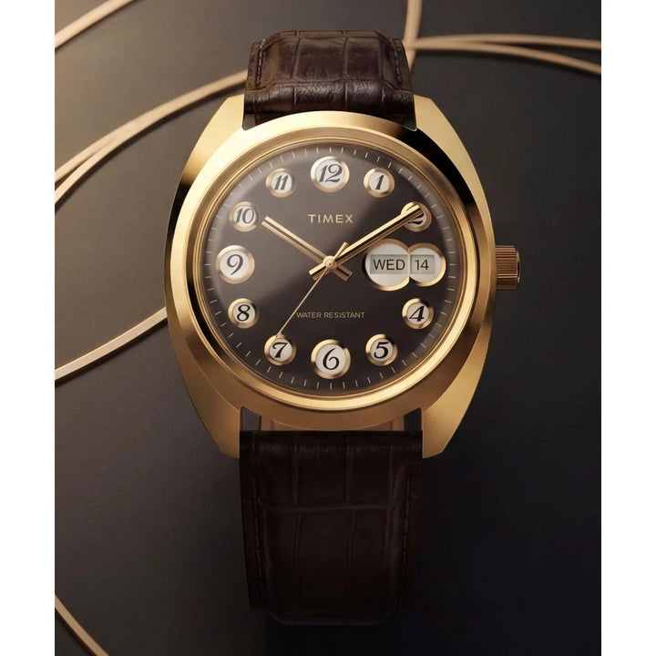 Timex Q Timex 1976 37mm Black Rotary Dial Gold Case Brown Leather Men&
