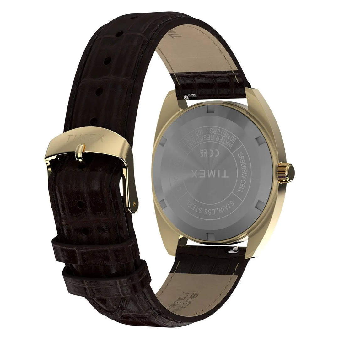 Timex Q Timex 1976 37mm Black Rotary Dial Gold Case Brown Leather Men&