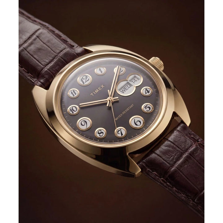 Timex Q Timex 1976 37mm Black Rotary Dial Gold Case Brown Leather Men&