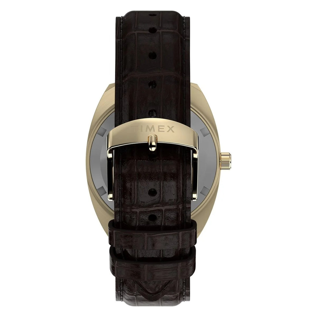 Timex Q Timex 1976 37mm Black Rotary Dial Gold Case Brown Leather Men&