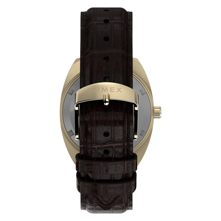 Timex Q Timex 1976 37mm Black Rotary Dial Gold Case Brown Leather Men&