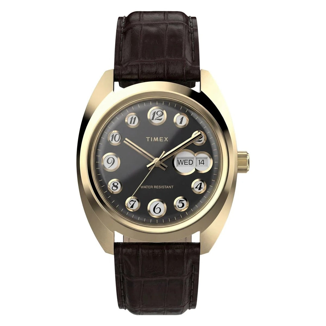 Timex Q Timex 1976 37mm Black Rotary Dial Gold Case Brown Leather Men&