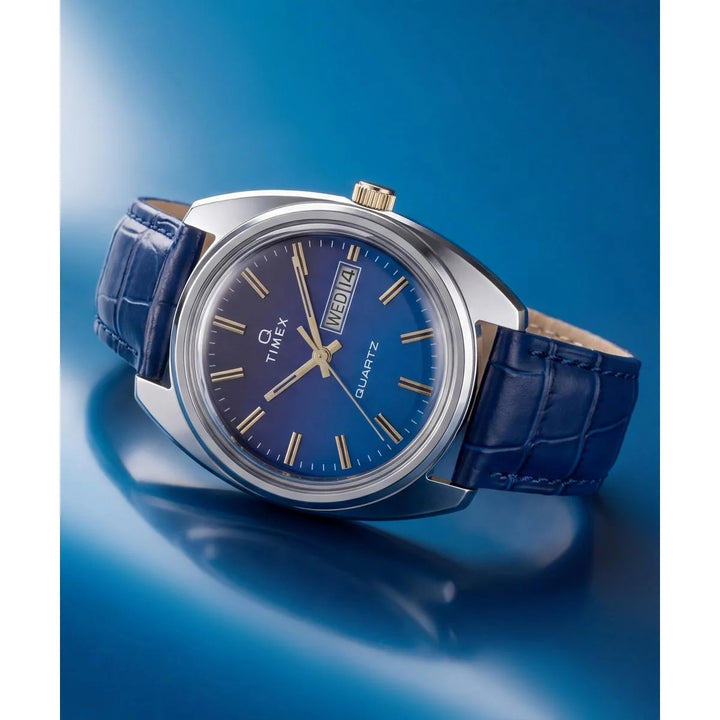 Timex Q Timex 1976 37mm Blue Fumé Dial Blue Leather Men&