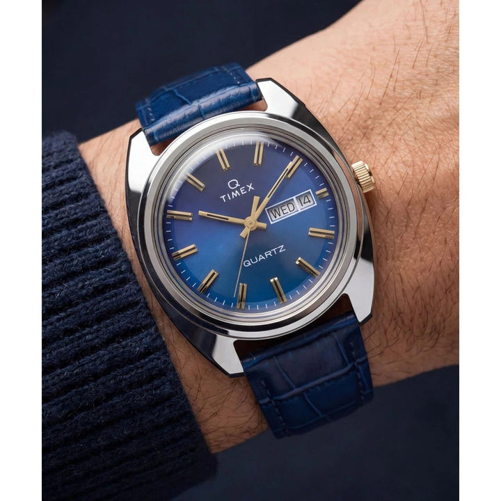 Timex Q Timex 1976 37mm Blue Fumé Dial Blue Leather Men&