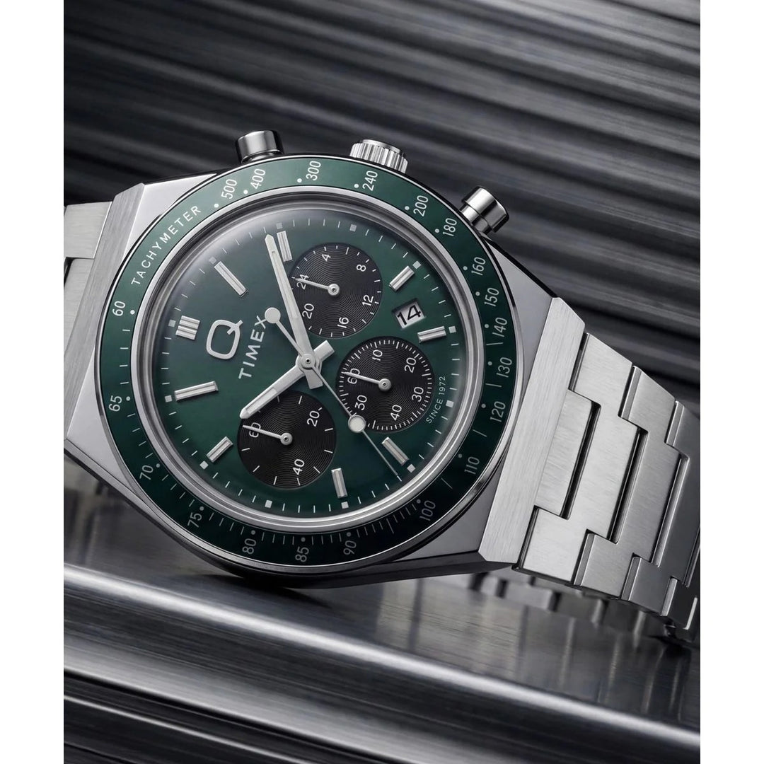 Timex Q Timex Chronograph 40mm Racing Green Dial Steel Bracelet Men&
