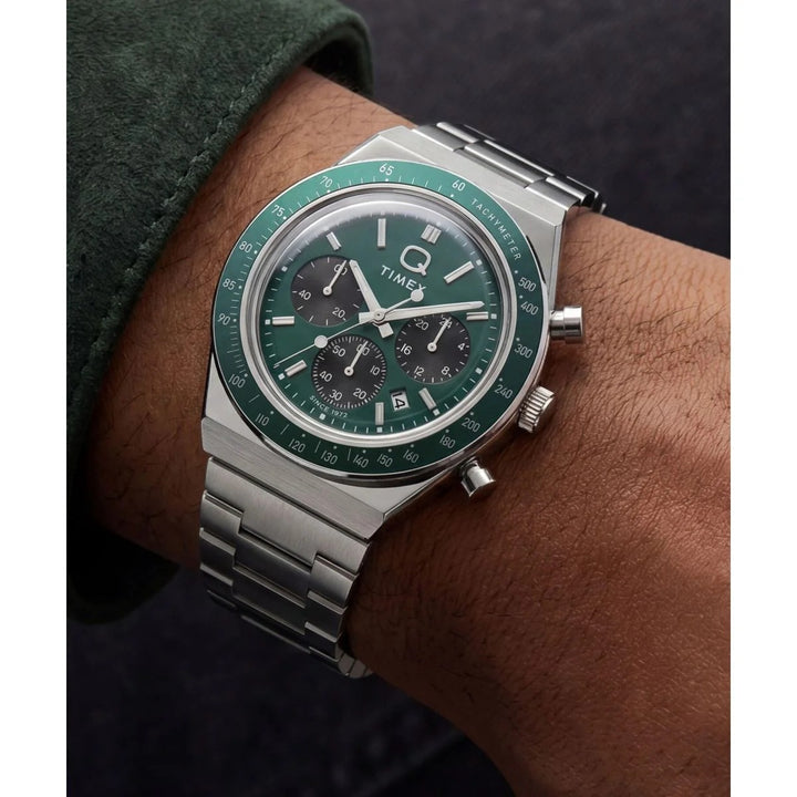 Timex Q Timex Chronograph 40mm Racing Green Dial Steel Bracelet Men&