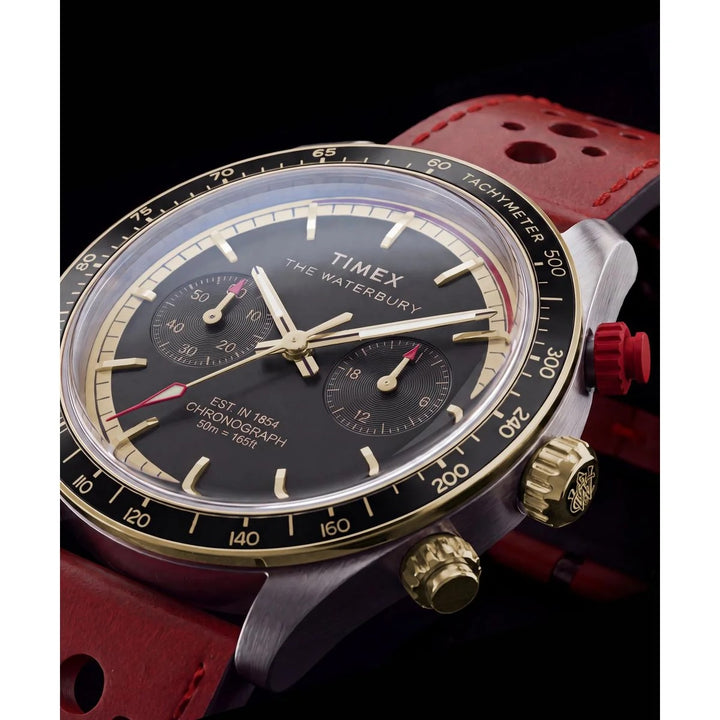Timex Waterbury Heritage Chronograph 39mm Black Dial Red Leather Men&
