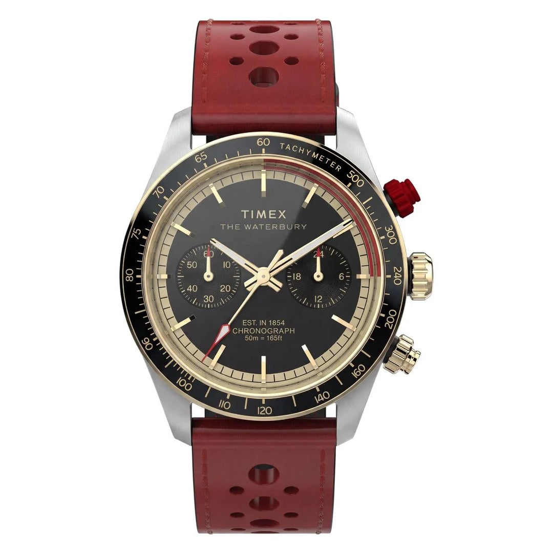 Timex Waterbury Heritage Chronograph 39mm Black Dial Red Leather Men&
