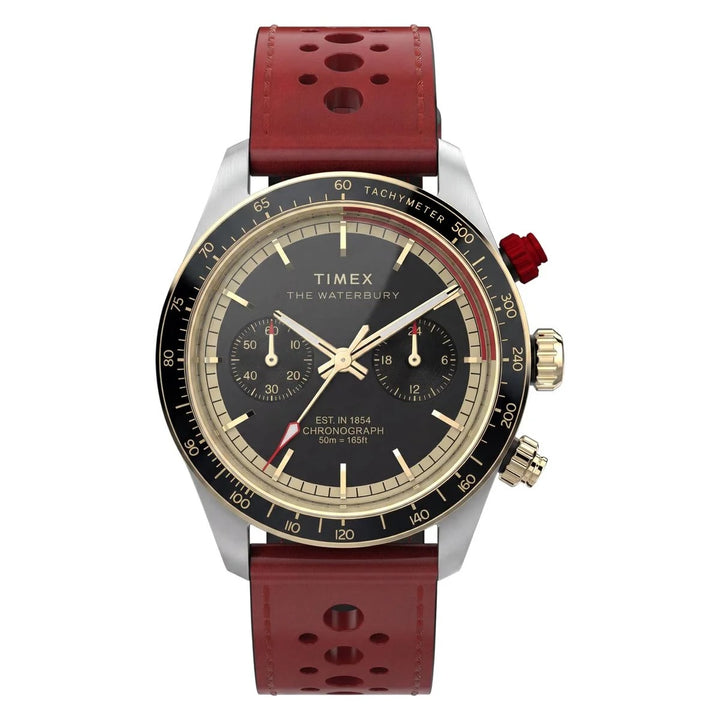 Timex Waterbury Heritage Chronograph 39mm Black Dial Red Leather Men&