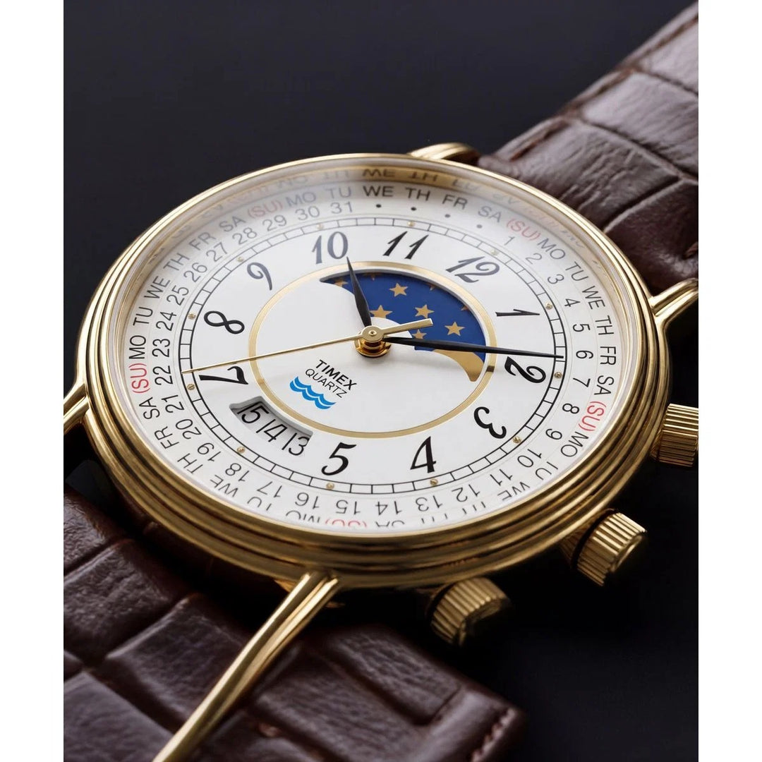 Timex Q Timex 1990 Reissue 37mm Moon Phase Cream Dial Gold Case Men&