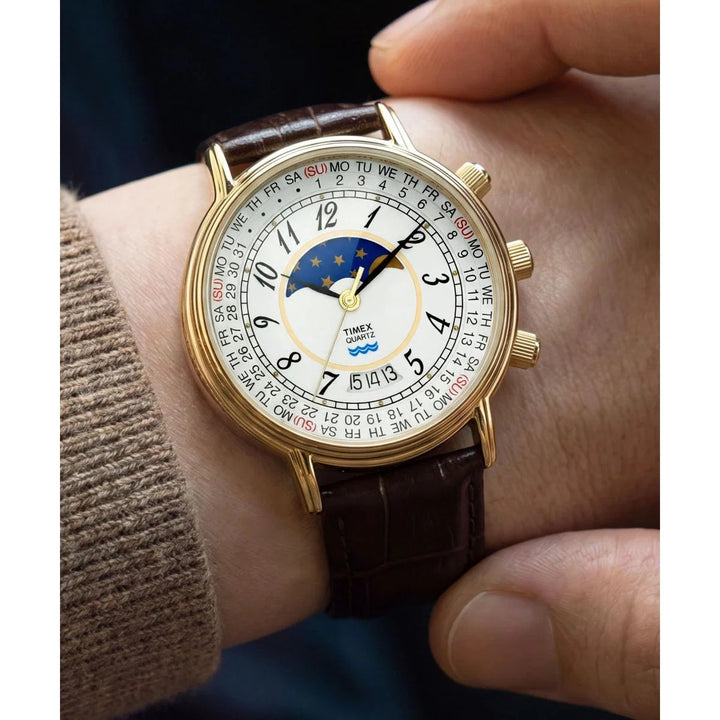 Timex Q Timex 1990 Reissue 37mm Moon Phase Cream Dial Gold Case Men&