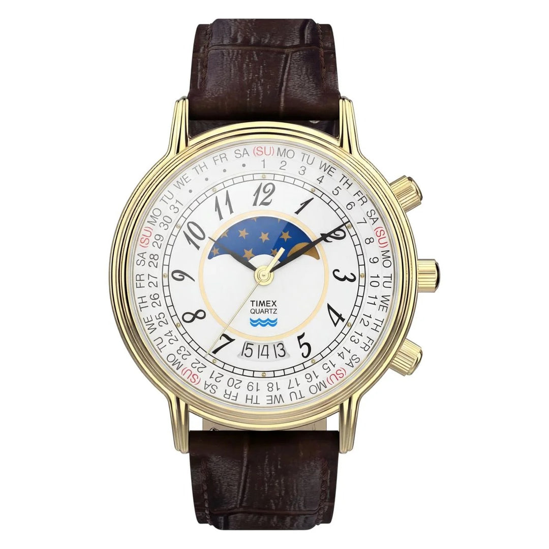 Timex Q Timex 1990 Reissue 37mm Moon Phase Cream Dial Gold Case Men&