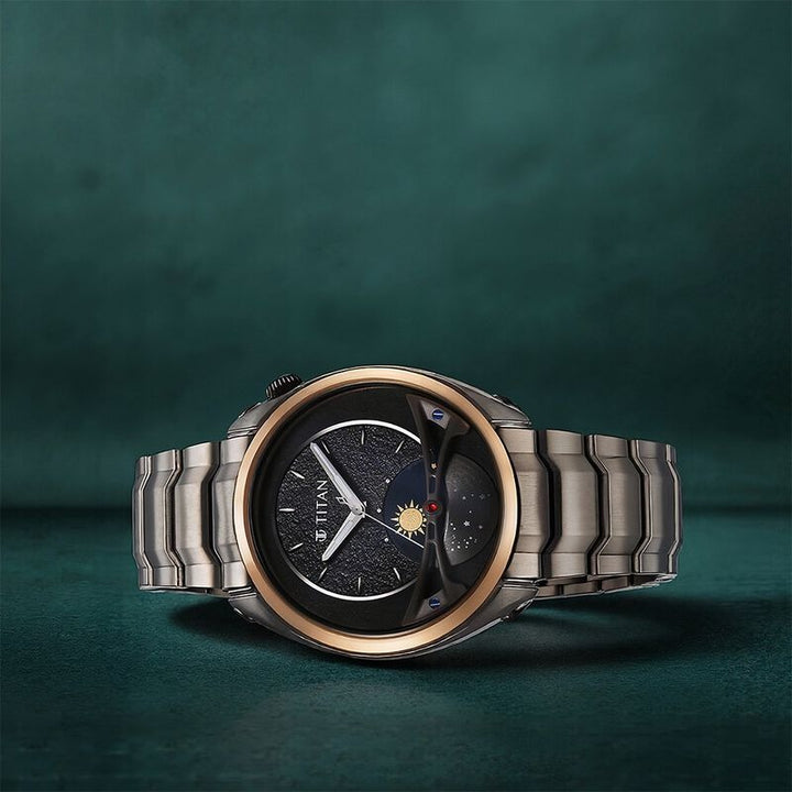 Titan Stellar 43mm Black Dial Sun-Moon Indicator Stainless Steel Bracelet Men&