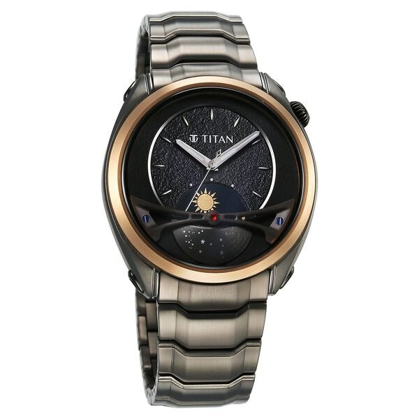 Titan Stellar 43mm Black Dial Sun-Moon Indicator Stainless Steel Bracelet Men&