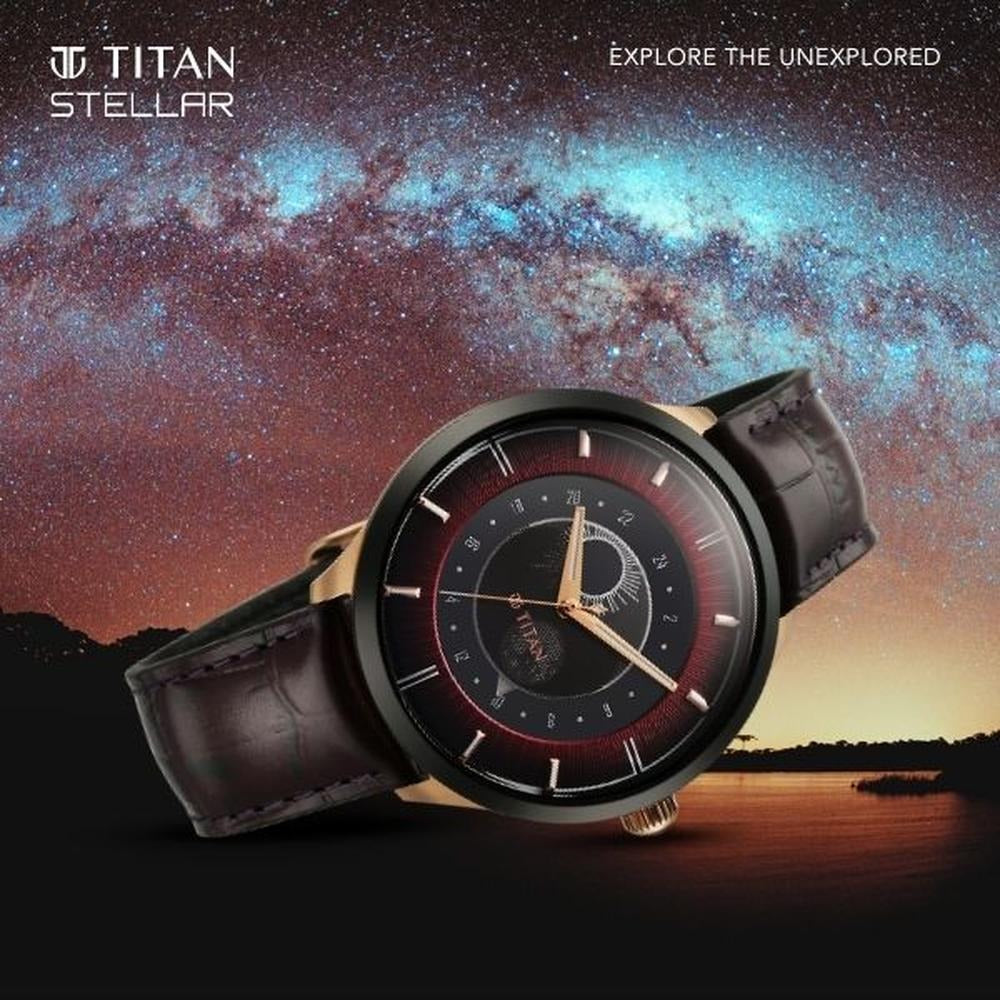 Titan Stellar Caelum 45.5mm Purple Dial Sun-Moon Phase Leather Strap Men&