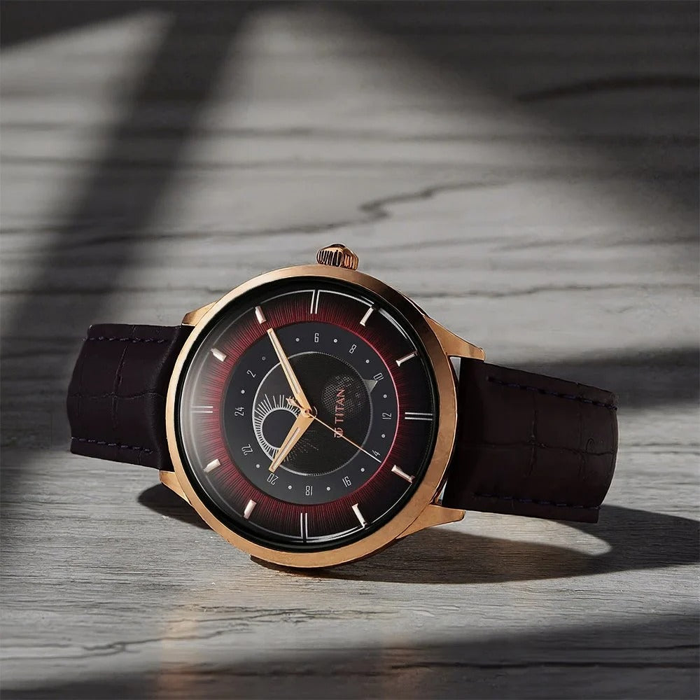 Titan Stellar Caelum 45.5mm Purple Dial Sun-Moon Phase Leather Strap Men&
