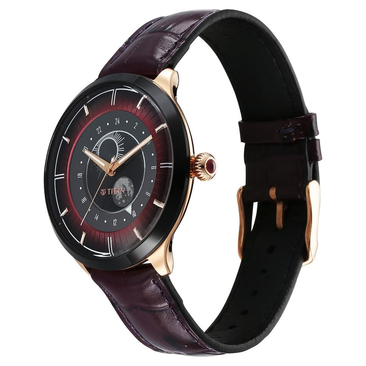 Titan Stellar Caelum 45.5mm Purple Dial Sun-Moon Phase Leather Strap Men&