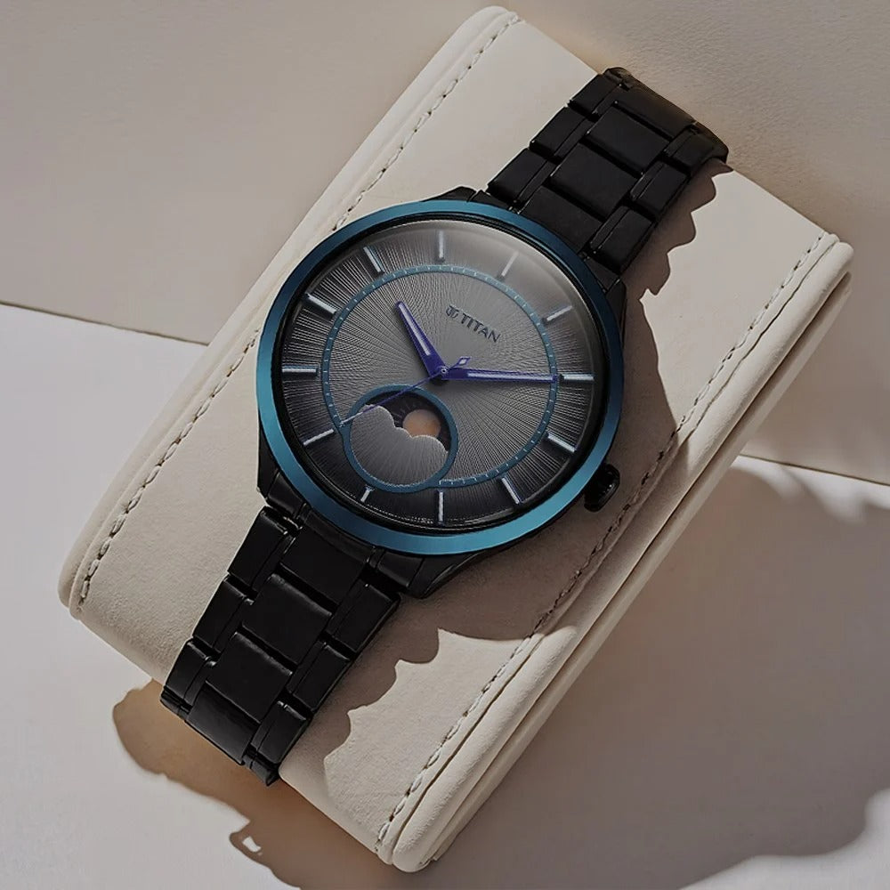 Titan Stellar Caelum 45.5mm Grey Dial Sun-Moon Phase Gunmetal Stainless Steel Bracelet Men&