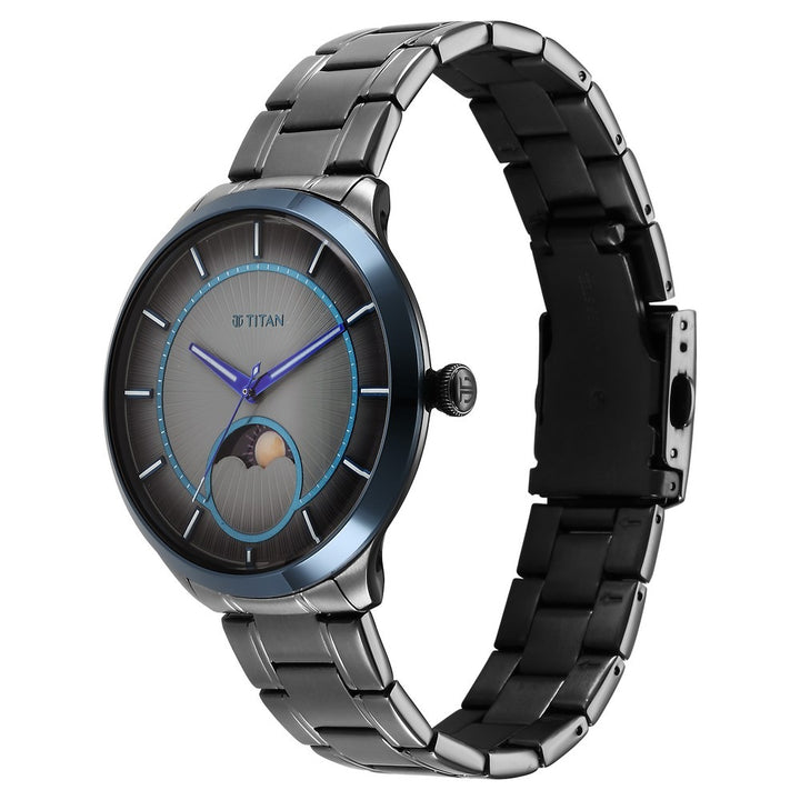 Titan Stellar Caelum 45.5mm Grey Dial Sun-Moon Phase Gunmetal Stainless Steel Bracelet Men&