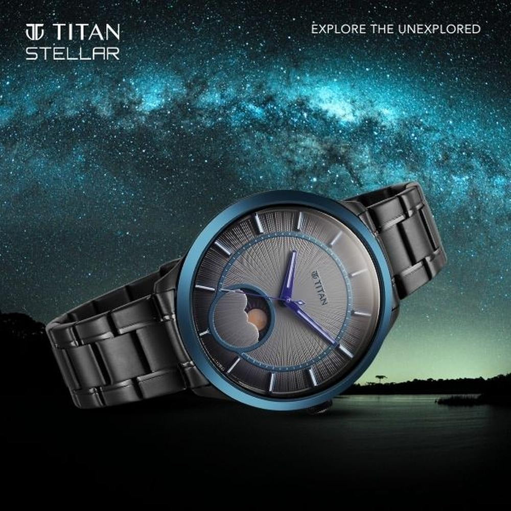 Titan Stellar Caelum 45.5mm Grey Dial Sun-Moon Phase Gunmetal Stainless Steel Bracelet Men&