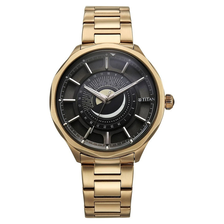 Titan Stellar Caelum 43mm Black Dial Sun-Moon Phase Rose Gold Stainless Steel Bracelet Men&