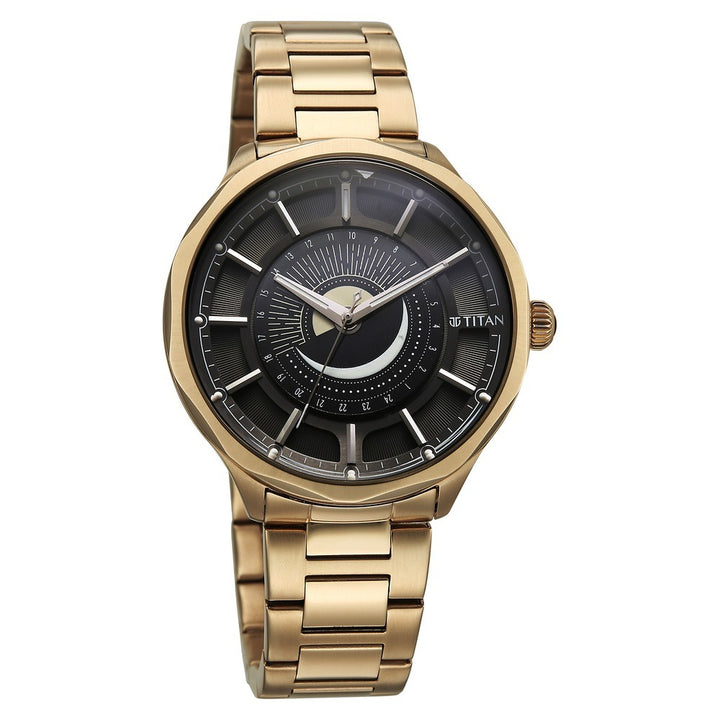 Titan Stellar Caelum 43mm Black Dial Sun-Moon Phase Rose Gold Stainless Steel Bracelet Men&