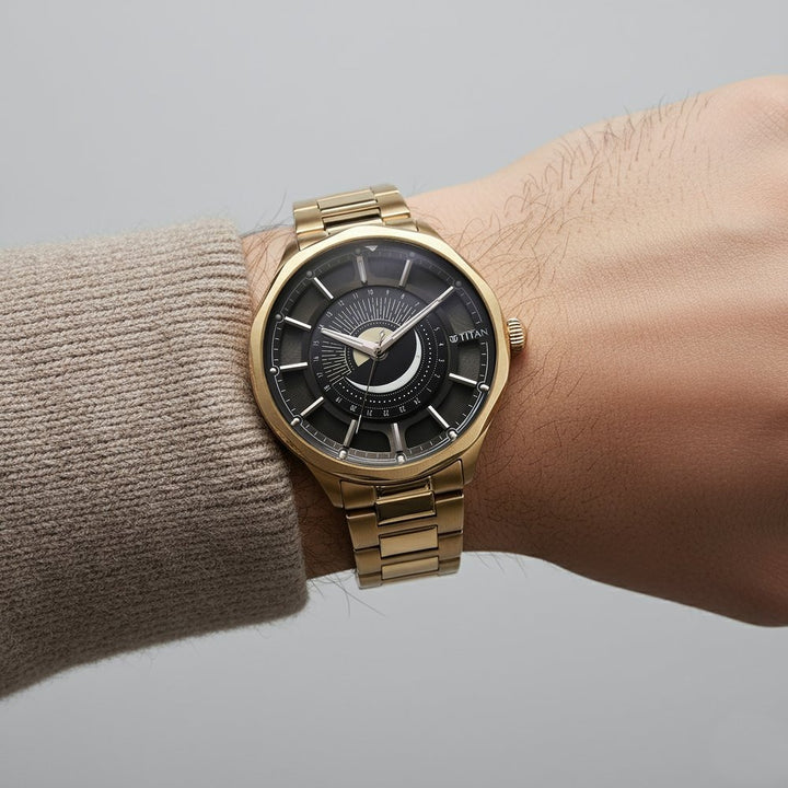 Titan Stellar Caelum 43mm Black Dial Sun-Moon Phase Rose Gold Stainless Steel Bracelet Men&