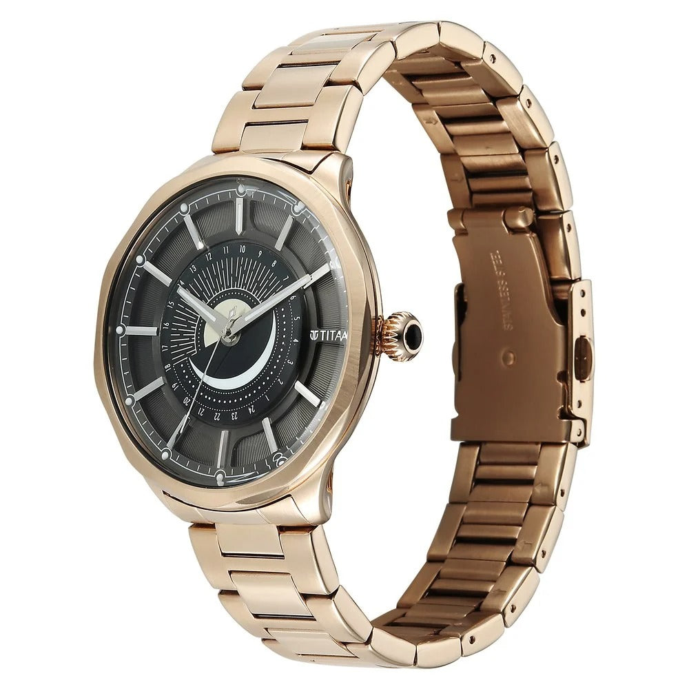 Titan Stellar Caelum 43mm Black Dial Sun-Moon Phase Rose Gold Stainless Steel Bracelet Men&