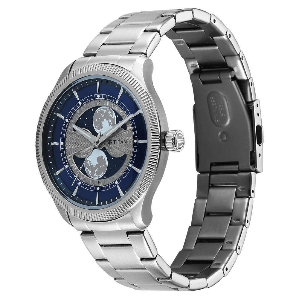 Titan Stellar Dual Moonphase 43mm Blue Dial Mineral Crystal Stainless Steel Bracelet Men&