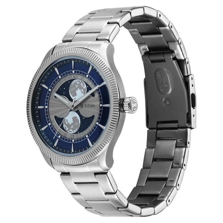 Titan Stellar Dual Moonphase 43mm Blue Dial Mineral Crystal Stainless Steel Bracelet Men&