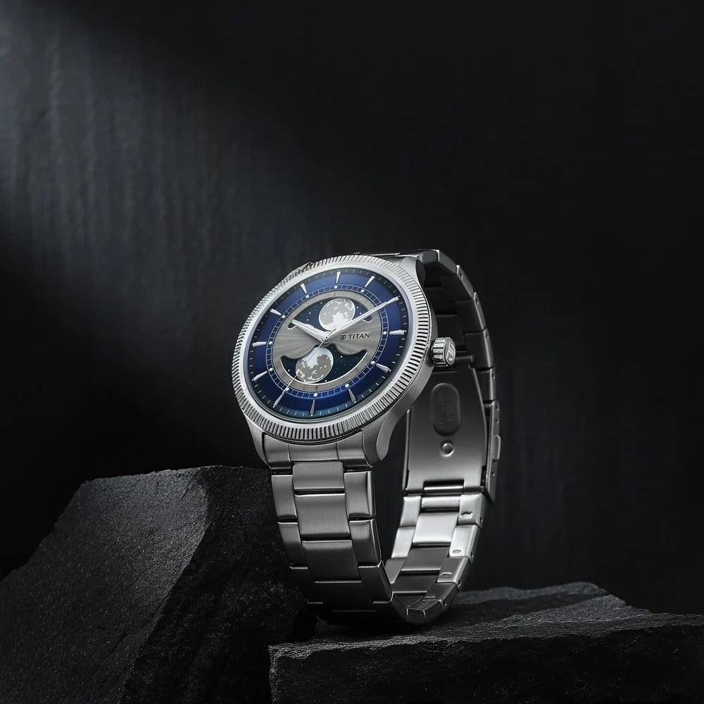 Titan Stellar Dual Moonphase 43mm Blue Dial Mineral Crystal Stainless Steel Bracelet Men&