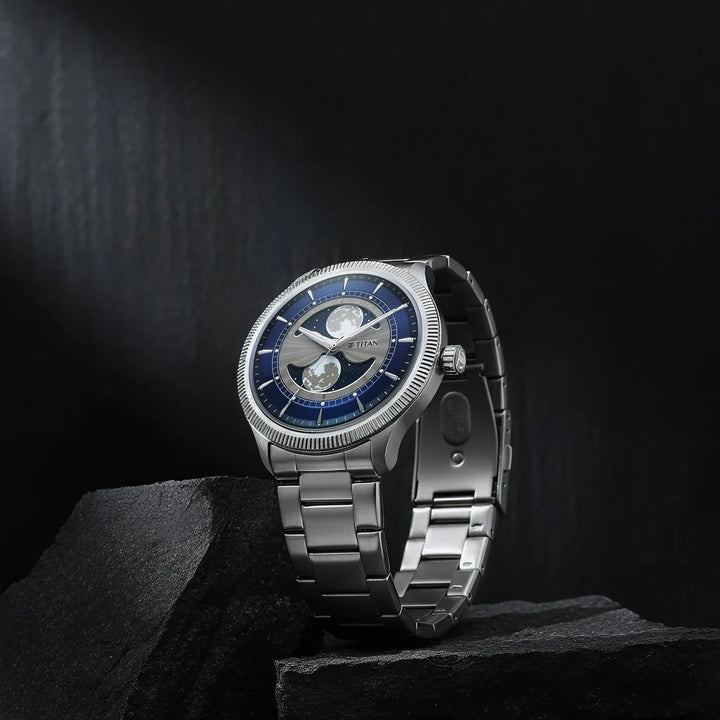 Titan Stellar Dual Moonphase 43mm Blue Dial Mineral Crystal Stainless Steel Bracelet Men&