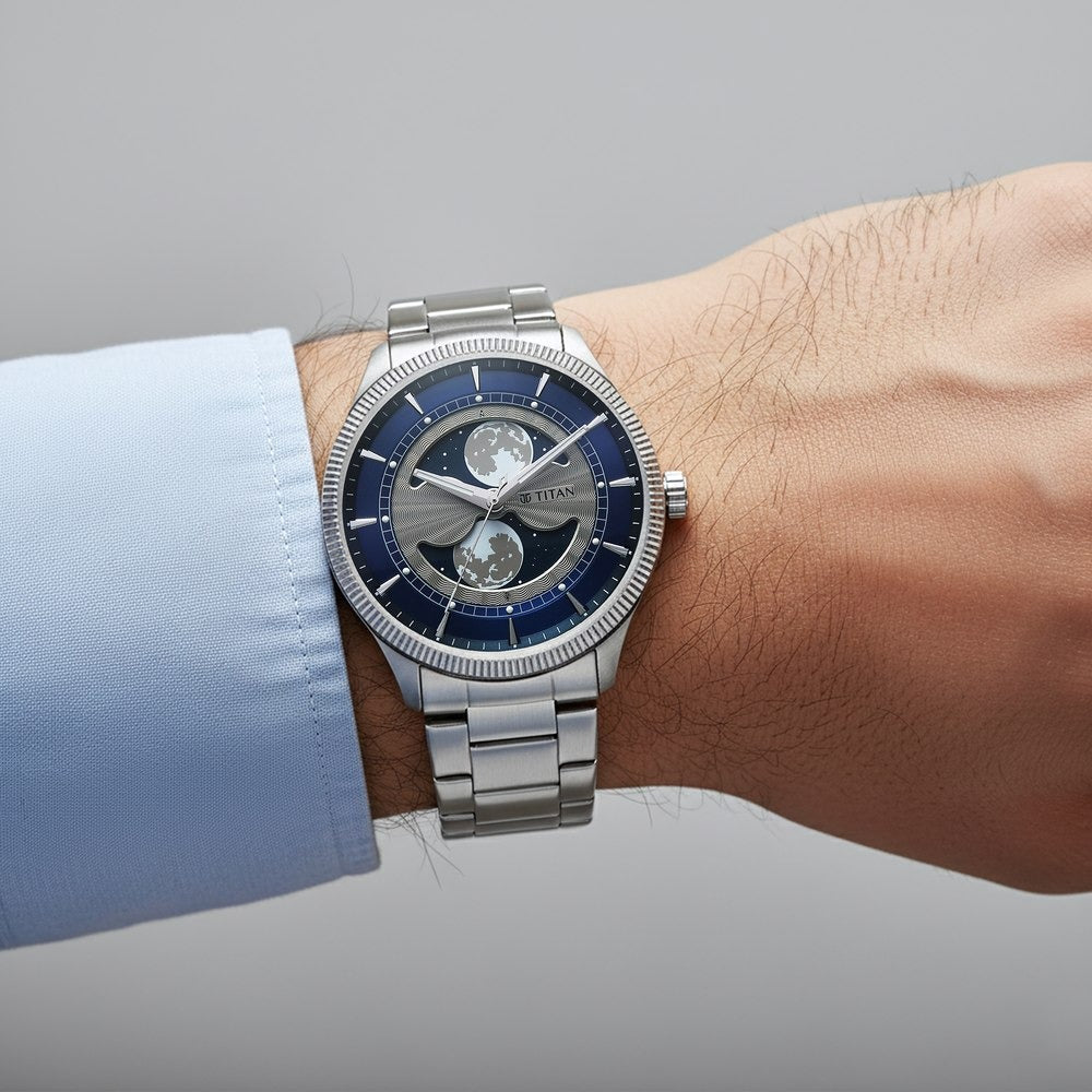 Titan Stellar Dual Moonphase 43mm Blue Dial Mineral Crystal Stainless Steel Bracelet Men&