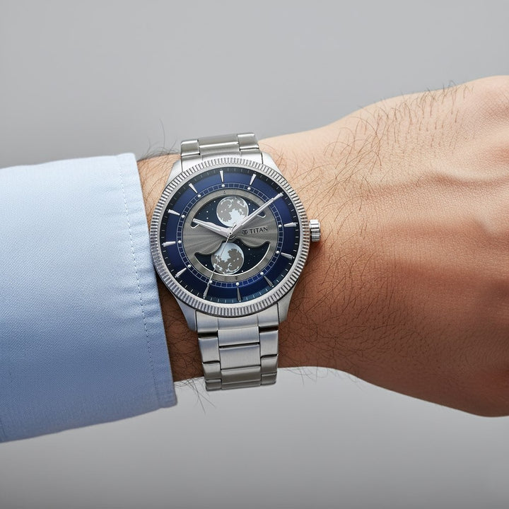 Titan Stellar Dual Moonphase 43mm Blue Dial Mineral Crystal Stainless Steel Bracelet Men&