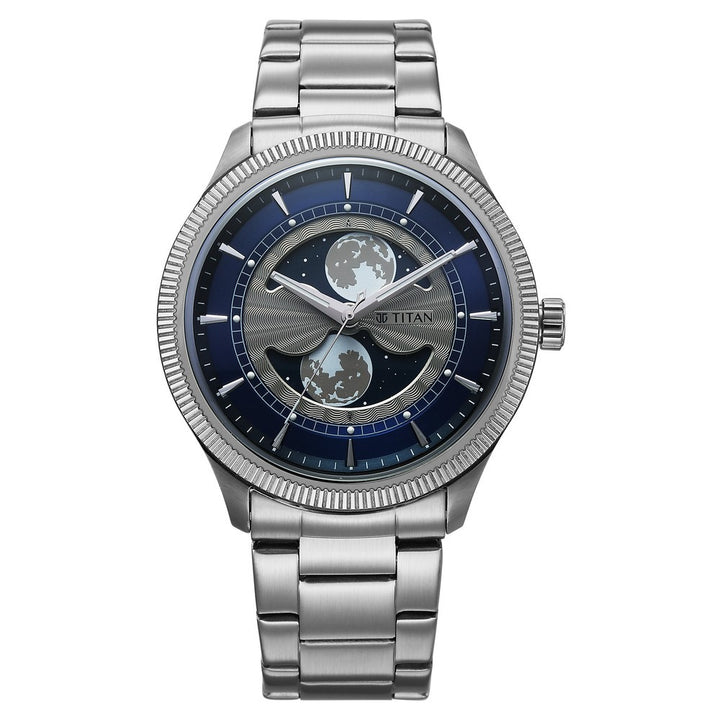 Titan Stellar Dual Moonphase 43mm Blue Dial Mineral Crystal Stainless Steel Bracelet Men&