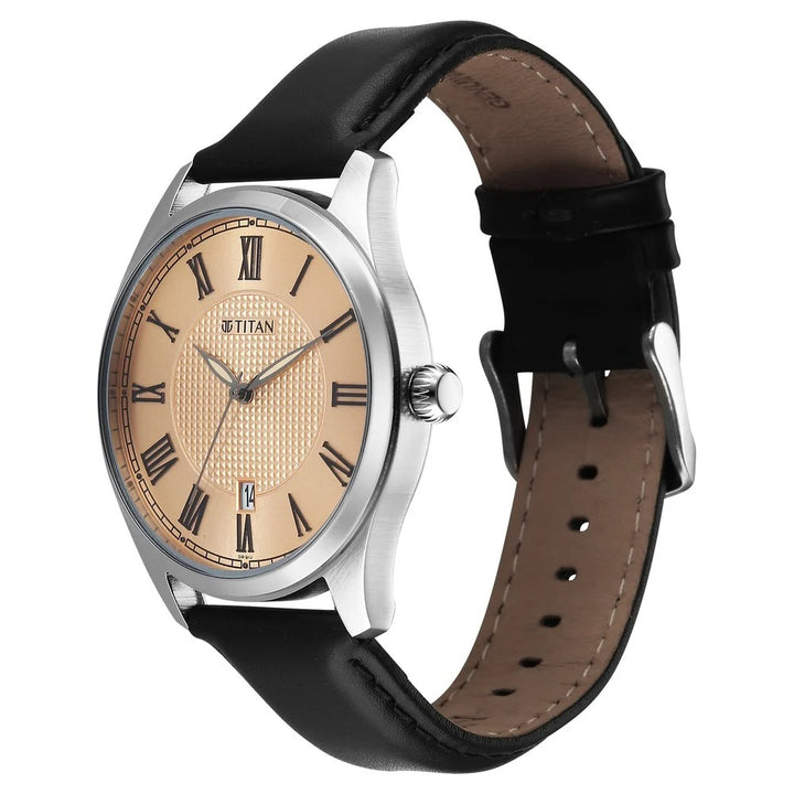 Titan Neo Roman 42mm Rose Gold Dial Roman Numerals Date Brown Leather Strap Men&