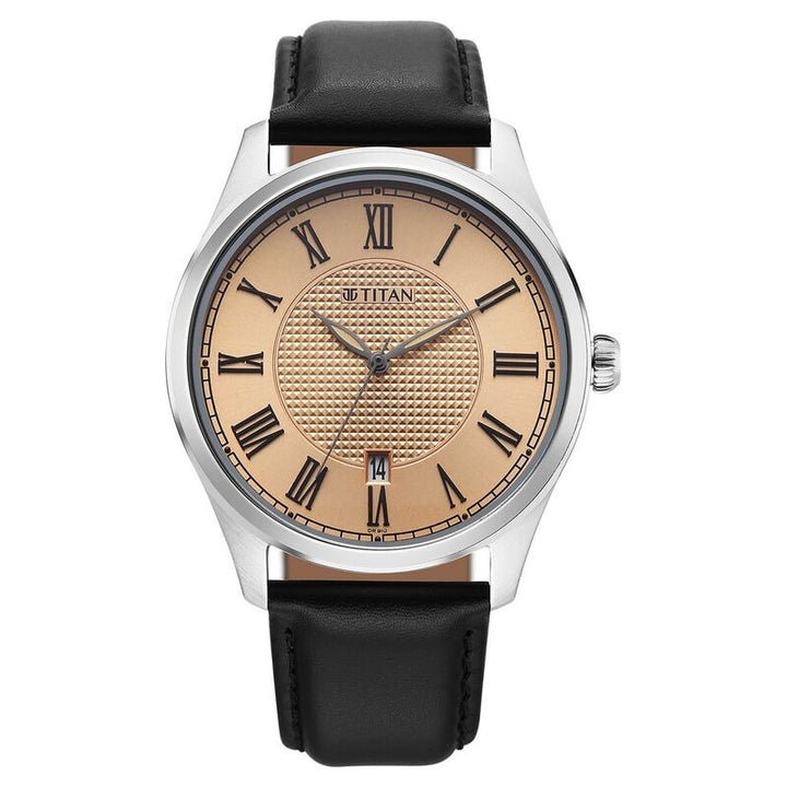 Titan Neo Roman 42mm Rose Gold Dial Roman Numerals Date Brown Leather Strap Men&
