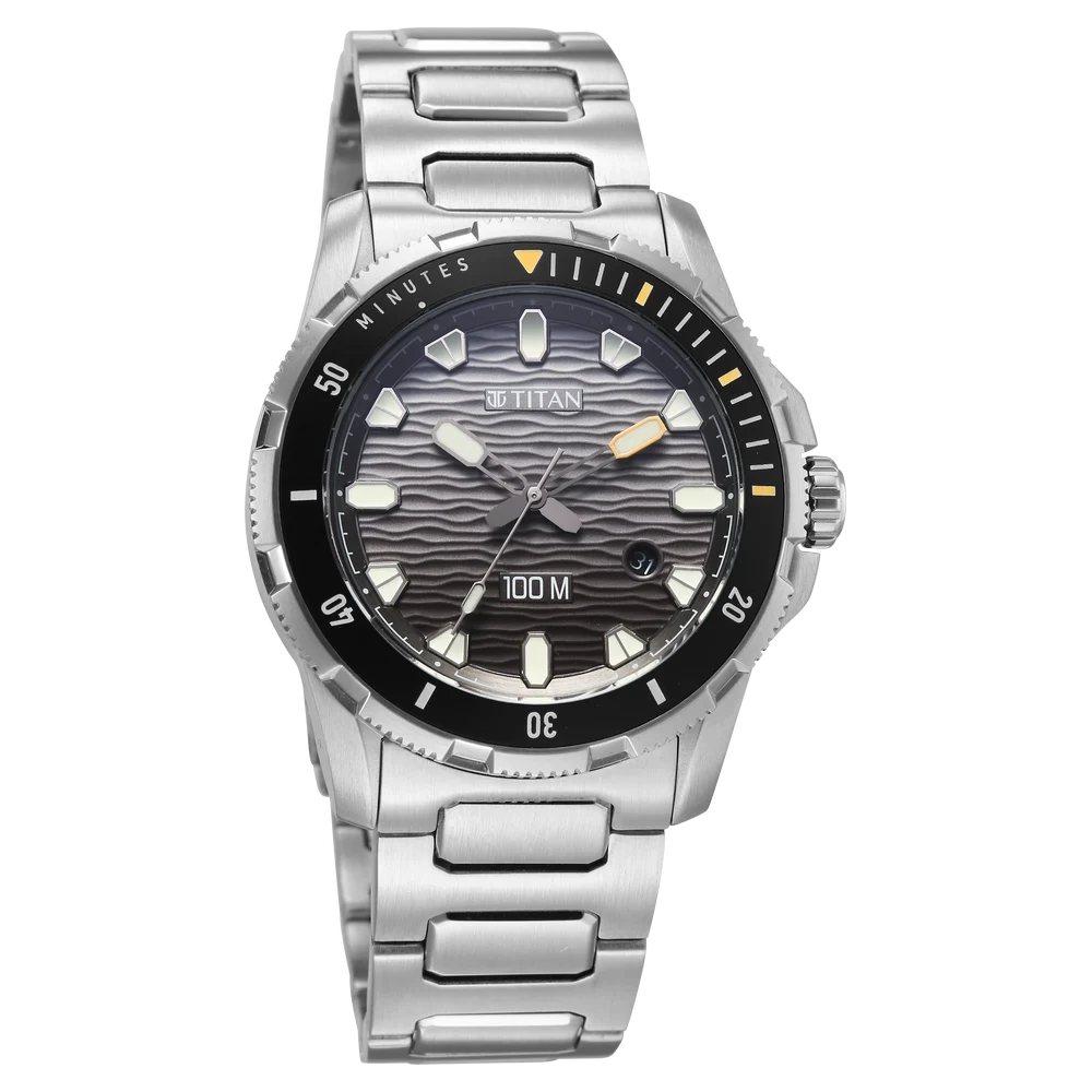 Titan Zero Hour Diver 100m 41mm Black Dial Rotating Bezel Stainless Steel Bracelet Men&