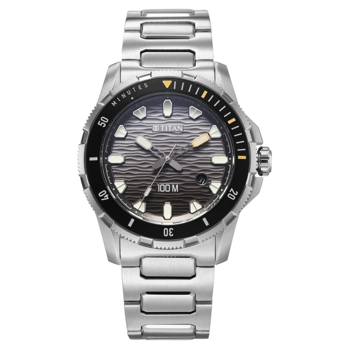 Titan Zero Hour Diver 100m 41mm Black Dial Rotating Bezel Stainless Steel Bracelet Men&