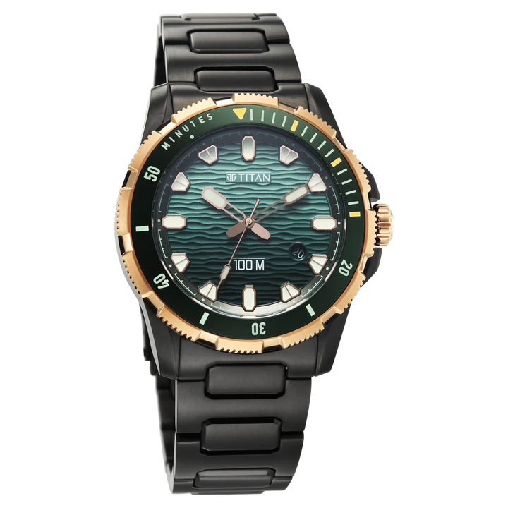 Titan Zero Hour Diver 100m 41mm Blue Dial Rotating Bezel Black Stainless Steel Bracelet Men&