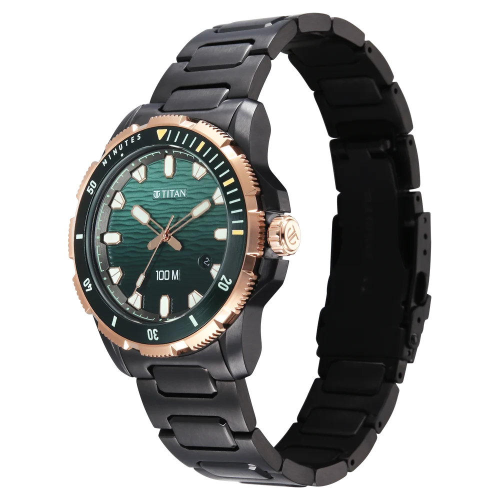 Titan Zero Hour Diver 100m 41mm Blue Dial Rotating Bezel Black Stainless Steel Bracelet Men&