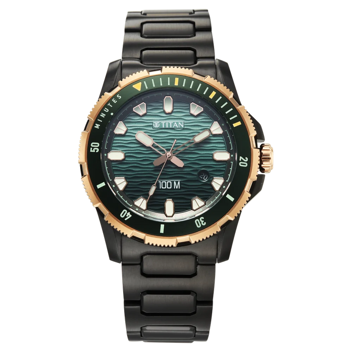 Titan Zero Hour Diver 100m 41mm Blue Dial Rotating Bezel Black Stainless Steel Bracelet Men&