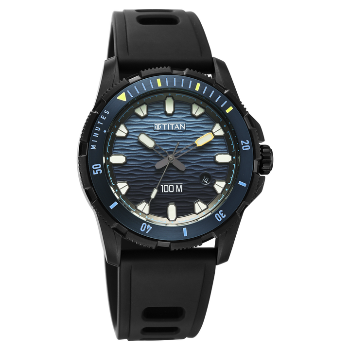 Titan Zero Hour Diver 100m 41mm Blue Dial Rotating Bezel Black Rubber Strap Men&