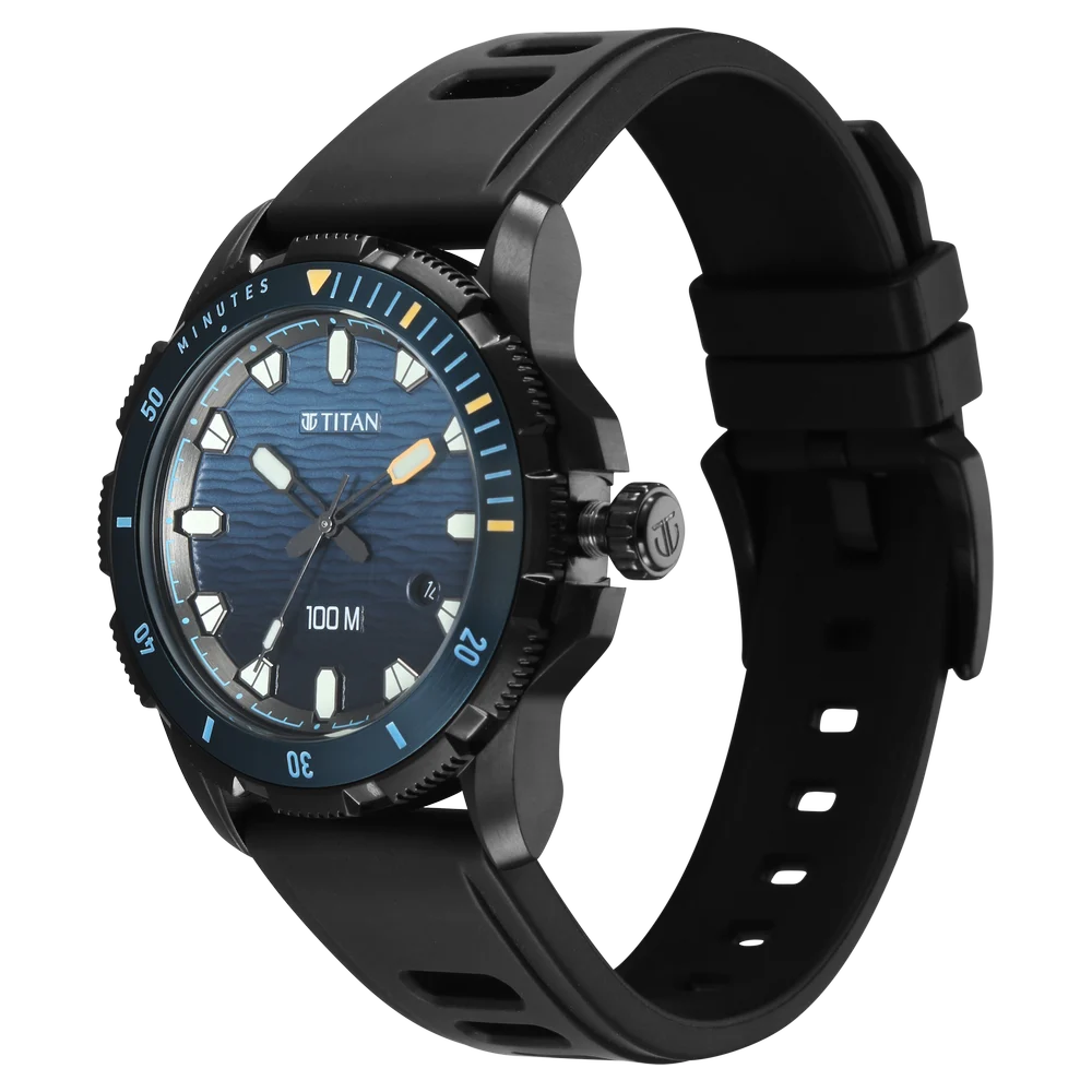 Titan Zero Hour Diver 100m 41mm Blue Dial Rotating Bezel Black Rubber Strap Men&