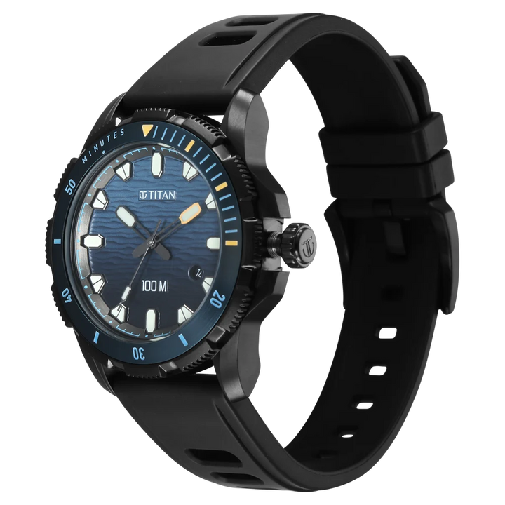 Titan Zero Hour Diver 100m 41mm Blue Dial Rotating Bezel Black Rubber Strap Men&