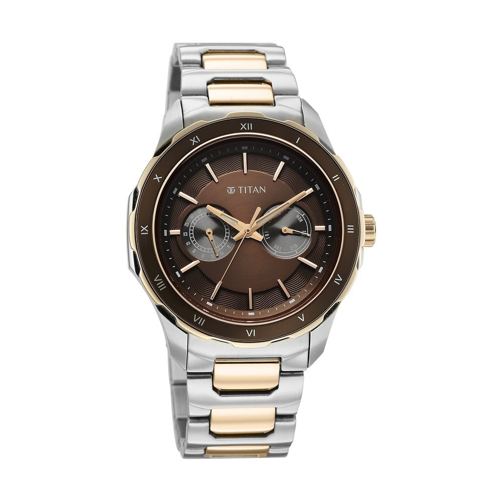 Titan Regalia Opulent 43mm Brown Dial Day Date Multifunction Stainless Steel Bracelet Men&
