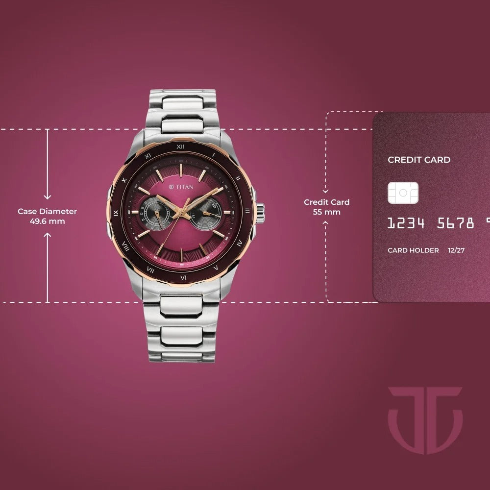 Titan Regalia Opulent 43mm Maroon Dial Day Date Multifunction Stainless Steel Bracelet Men&